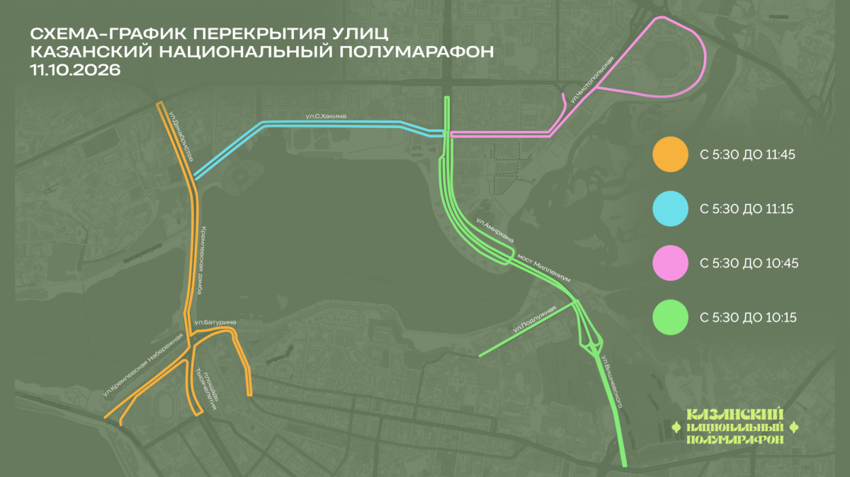 Казанский полумарафон — 2026: схема перекрытия улиц 11 октября и ограничения парковки
